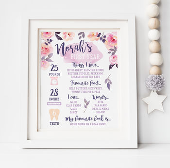 Personalised Pink Floral Baby First Birthday Print, 2 of 3