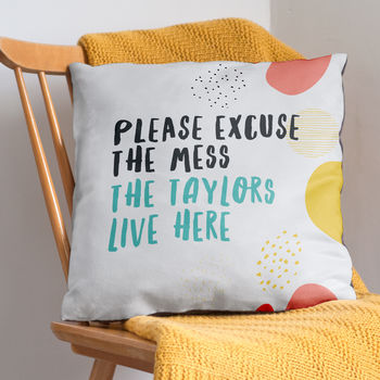 Personalised 'Excuse The Mess' Family Name Cushion, 2 of 5