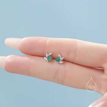 Sterling Silver Tiny Leaf With Natural Green Onyx Stud Earrings, 3 of 12