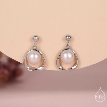 Sterling Silver Genuine Freshwater Pearl And Mobius Circle Dangle Drop Earrings, 2 of 12