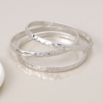 Set Of Three Silver Plated Hammered Bangle Bracelet Stack, 3 of 5