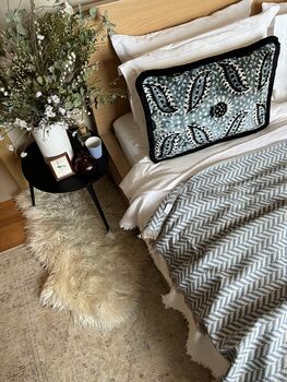 Modern, Oblong, Velvet, Ikat, Cushion With Black Silk Tassels Blue, Black And White Feather Design, 5 of 6
