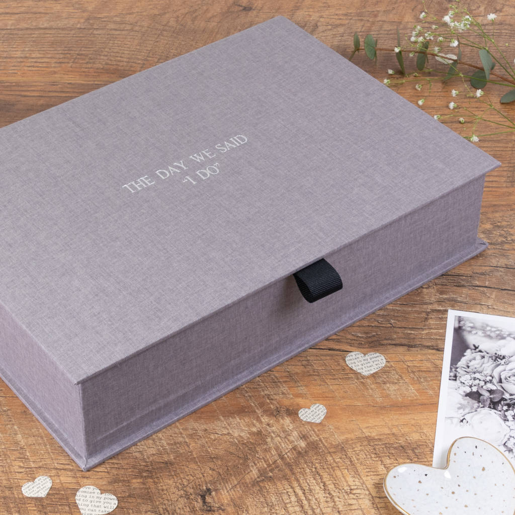 personalised wedding keepsake box grey linen by harris & jones