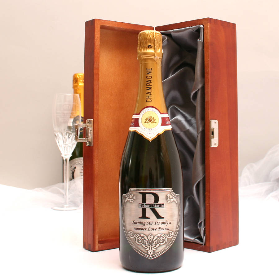 Personalised Champagne Gift With Pewter Monogram Label By