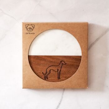 Sighthound/ Greyhound/ Whippet Engraved Acacia Wood And White Marble Coaster In Gift Box, 2 of 2