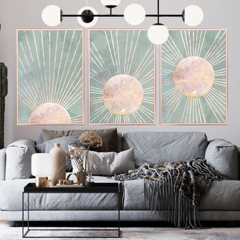 Set Of Three Boho Sun Green Gold Wall Art Prints, 2 of 4