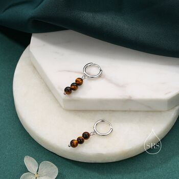 Sterling Silver Genuine Tiger's Eye Stone Trio Huggie Hoop Earrings, 4 of 10