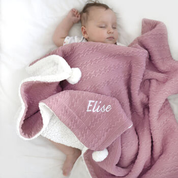Personalised Dusty Pink Cable Knit Pom Pom Blanket, 5 of 12