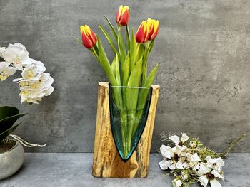 26cm V Shaped Molten Glass Vase On Teak Root – Handmade Wooden, 5 of 12