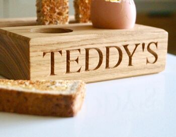 Personalised Oak Egg And Soldiers Block, 2 of 4