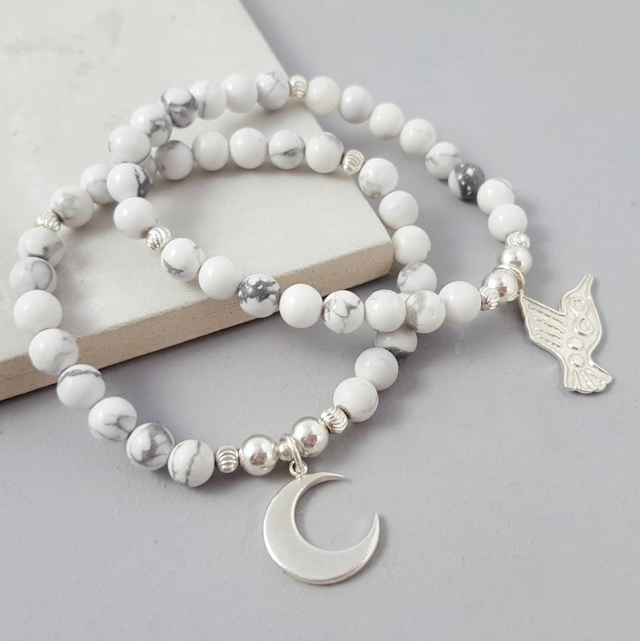 Serenity Sterling Silver And Howlite Charm Bracelet By Essentia Sterling Silver And Howlite Serenity Bracelets