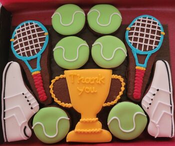Personalised Tennis Biscuit Tin For Good Luck, Thank You, Birthday, Congrats, Milestone, 2 of 8