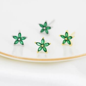 Sterling Silver Emerald Green Cz Flower Stud Earrings, 2 of 12