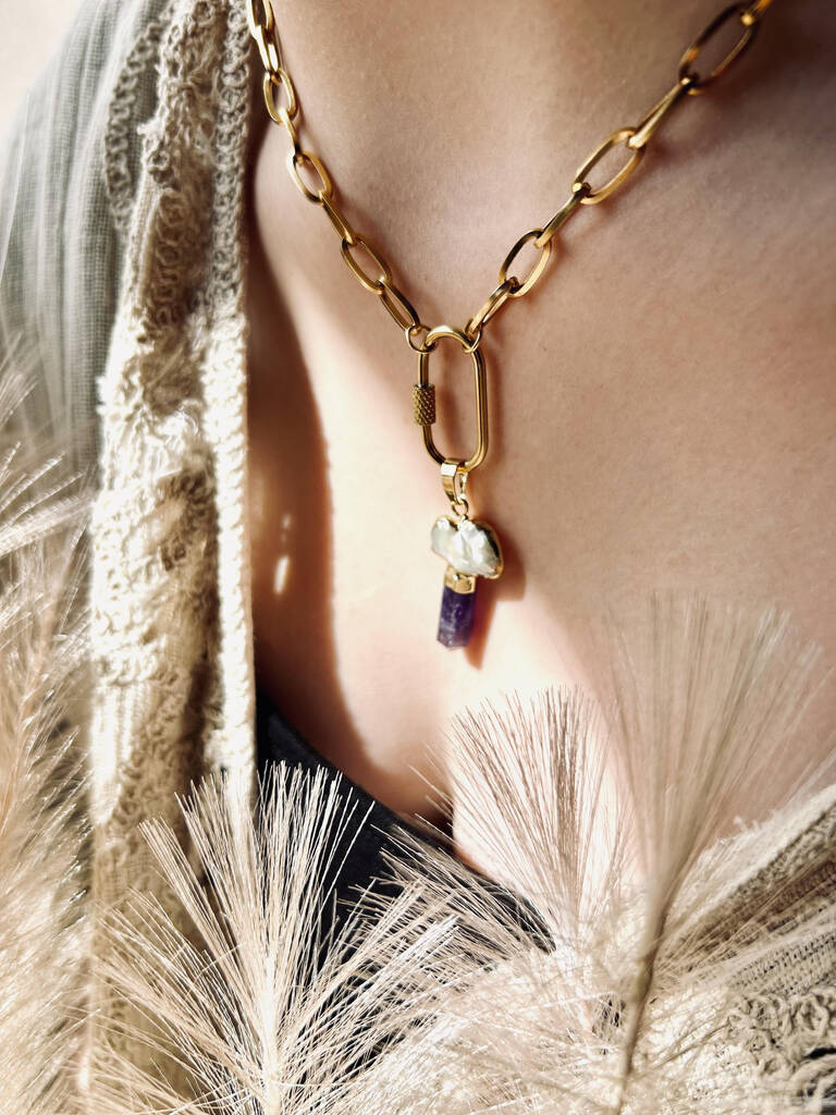 Chunky Carabiner Boroque Pearl And Crystal Boho Charm Statement Necklace Rose Quartz Amethyst By Fable Elements