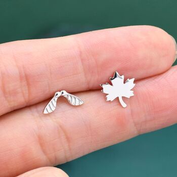 Mismatched Maple Seed And Maple Leaf Stud Earrings In Sterling Silver, 5 of 12