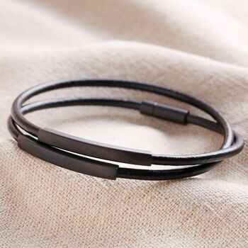 Men's Double Wrap Thin Leather Bracelet In Black, 2 of 4