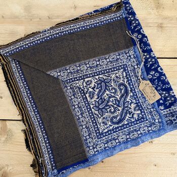 Handmade Fair Trade Paisley Blue And Oatmeal Blanket, 5 of 5