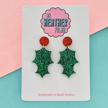 Holly Leaf Christmas Glitter Earrings, 5 of 5