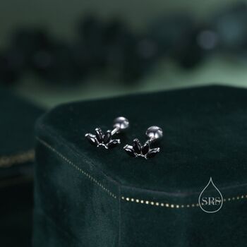 Sterling Silver Black Cz Lotus Flower Screw Back Earrings, 6 of 12