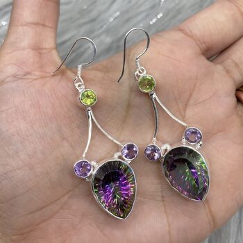Mystic Quartz Silver Drop Earrings: Peridot Amethyst, August February Birthstone, 3 of 8