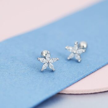 Sterling Silver Cz Flower Barbell Earrings, 6 of 12