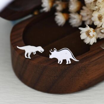 Mismatched T Rex Tyrannosaurus And Triceratops Dinosaur Stud Earrings In Sterling Silver, 4 of 11