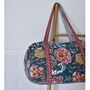 Block Printed Pine Green, Red And Mustard Floral Quilted Duffle Bag, thumbnail 2 of 9