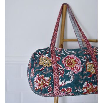 Block Printed Pine Green, Red And Mustard Floral Quilted Duffle Bag, 2 of 9