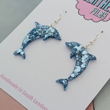 Dolphin Glitter Resin Earrings / Ocean Theme Statement Dangles / Gift For Beach Lovers, 4 of 5