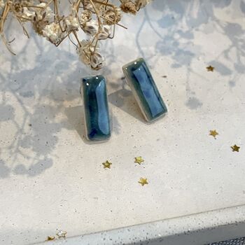 Crackle Blue Green Ceramic Bar Stud Earrings Minimalist Rectangular Studs, 6 of 11