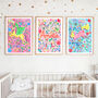 Personalised Pink Unicorn Nursery Print Set | Set Of Three Wall Art, thumbnail 1 of 12