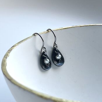 Brushed Oxidised 925 Silver And Fw Pearl Earrings, 2 of 5