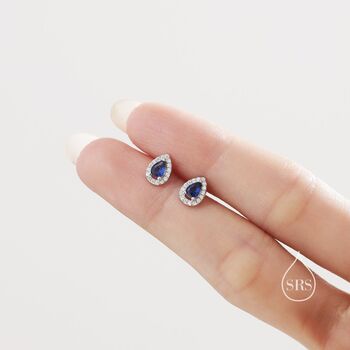 Sterling Silver Tiny Sapphire Blue Droplet Cz Halo Stud Earrings, 2 of 12