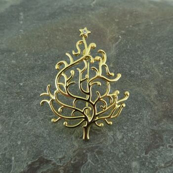 Christmas Tree Gold Tone Filigree Brooch, 2 of 3