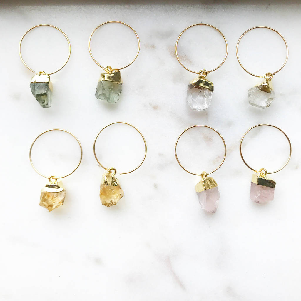 Mini Raw Cut Gemstone Crystal Hoop Earrings By Decadorn Mini Raw Cut Gemstone Crystal Hoop Earrings