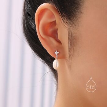 Pearl And Hydrangea Cz Flower Drop Stud Earrings, 6 of 10