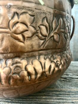 A Floral Embossed Vintage Style Copper Planter With Brass Ring Handles, 8 of 11