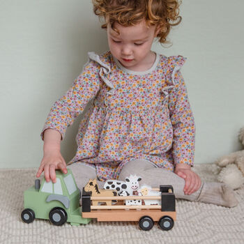 Personalised Wooden Farm Tractor Toy With Trailer And Animals, 2 of 12