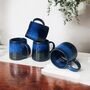 Set Of Four Reactive Glaze Brûlée Mugs In Black And Blue, thumbnail 2 of 7