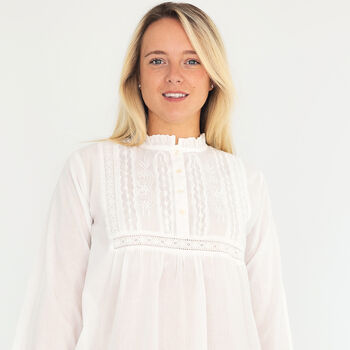White Cotton Nightdress Polo Long Sleeve Broderie Anglaise Vintage Victorian Nightgown, 2 of 12