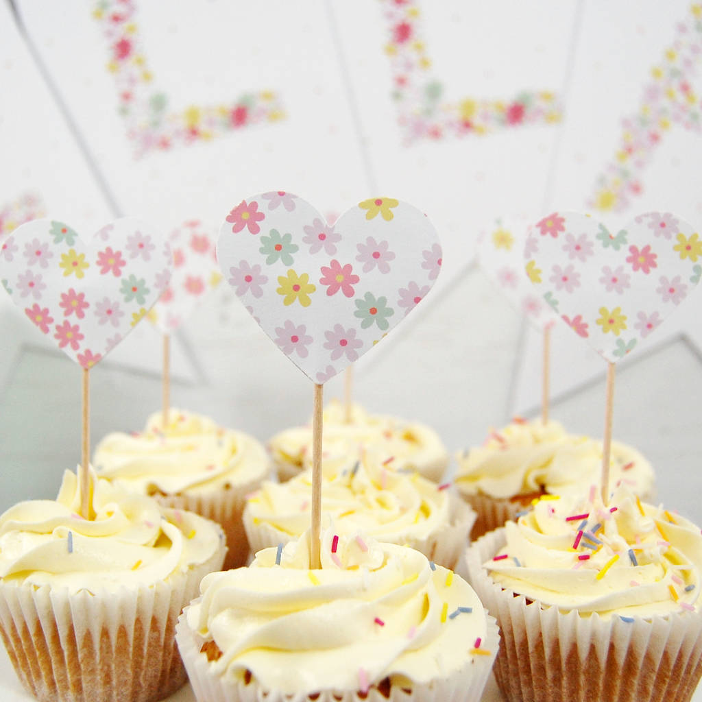 Set Of 12 Floral Patterned Heart Cupcake Toppers By Rosefinch Studio