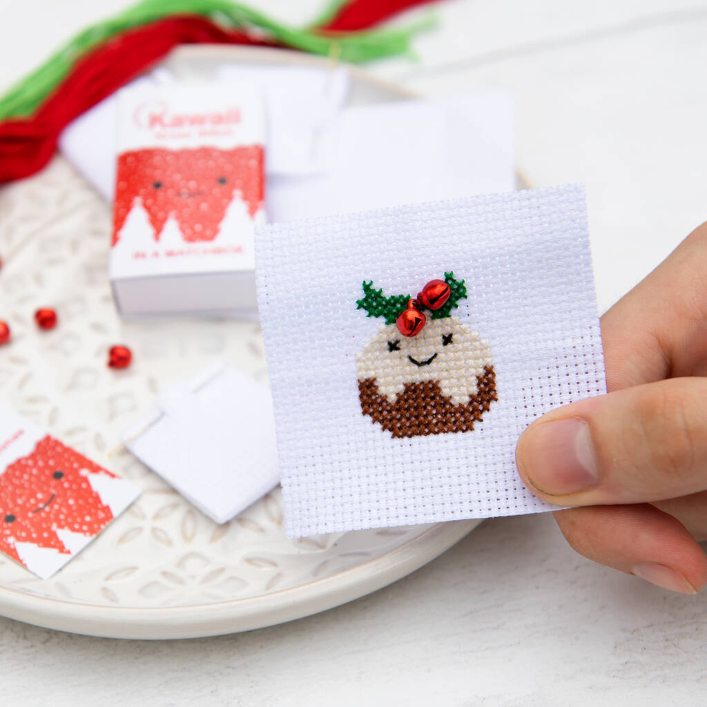 Kawaii Christmas Pudding Mini Cross Stitch Kit, 1 of 12