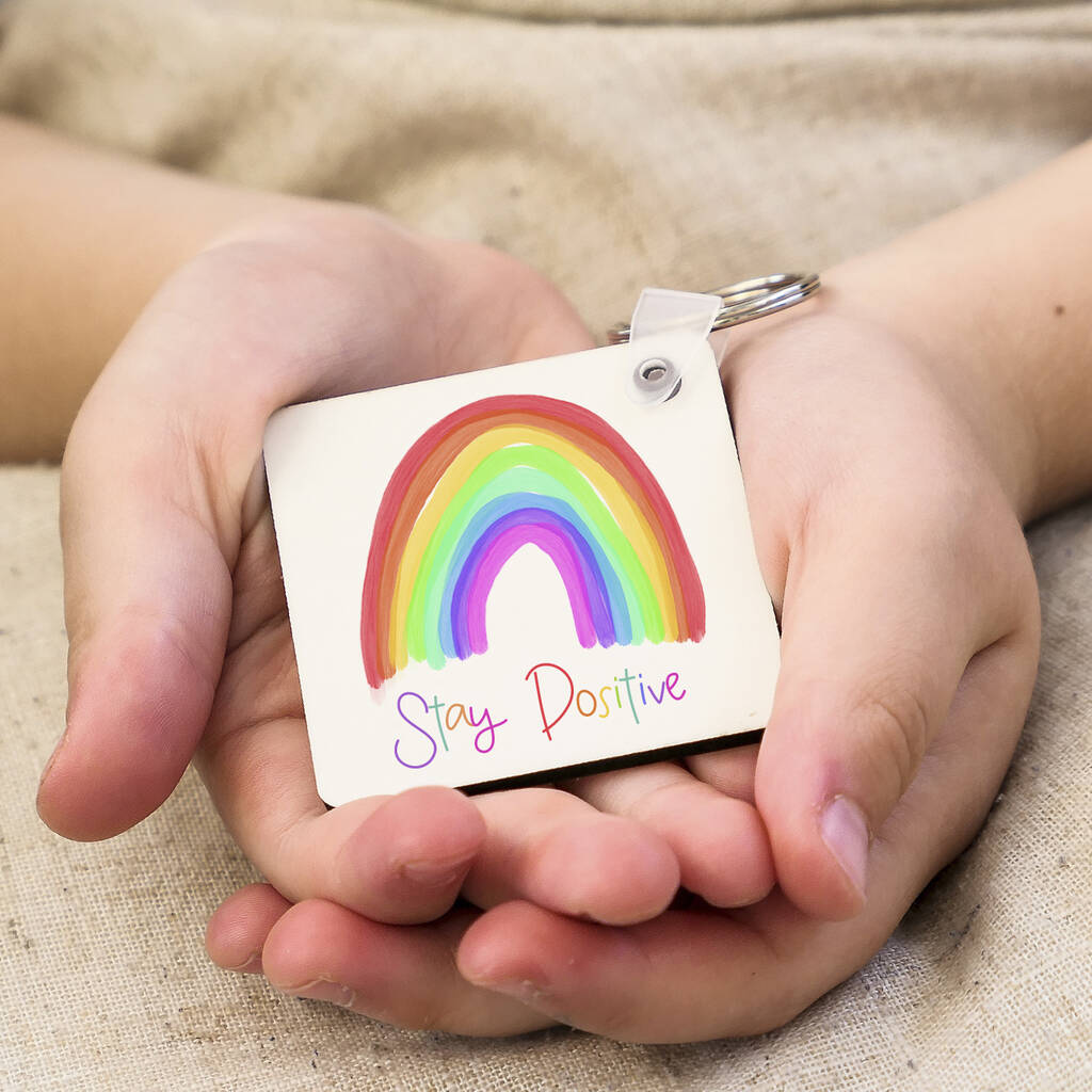 Image of Stay Positive Rainbow Wooden Keyring