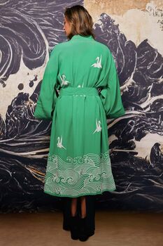 Origami And Hokusai Wave Embroidered Island Green Long Kimono, 4 of 12