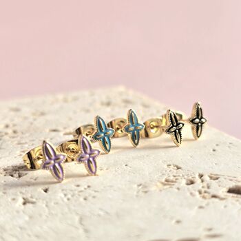 Mini Enamel Quatrefoil Cross Stud Earrings, 5 of 6