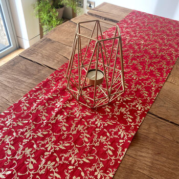 Red And Gold Muslin Vine Flowers Table Runner 3m Christmas Table Scape, 4 of 4