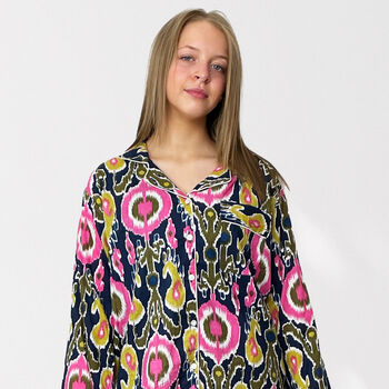 Ikat Print 100% Cotton Ladies Pyjamas In Navy And Pink, 5 of 8