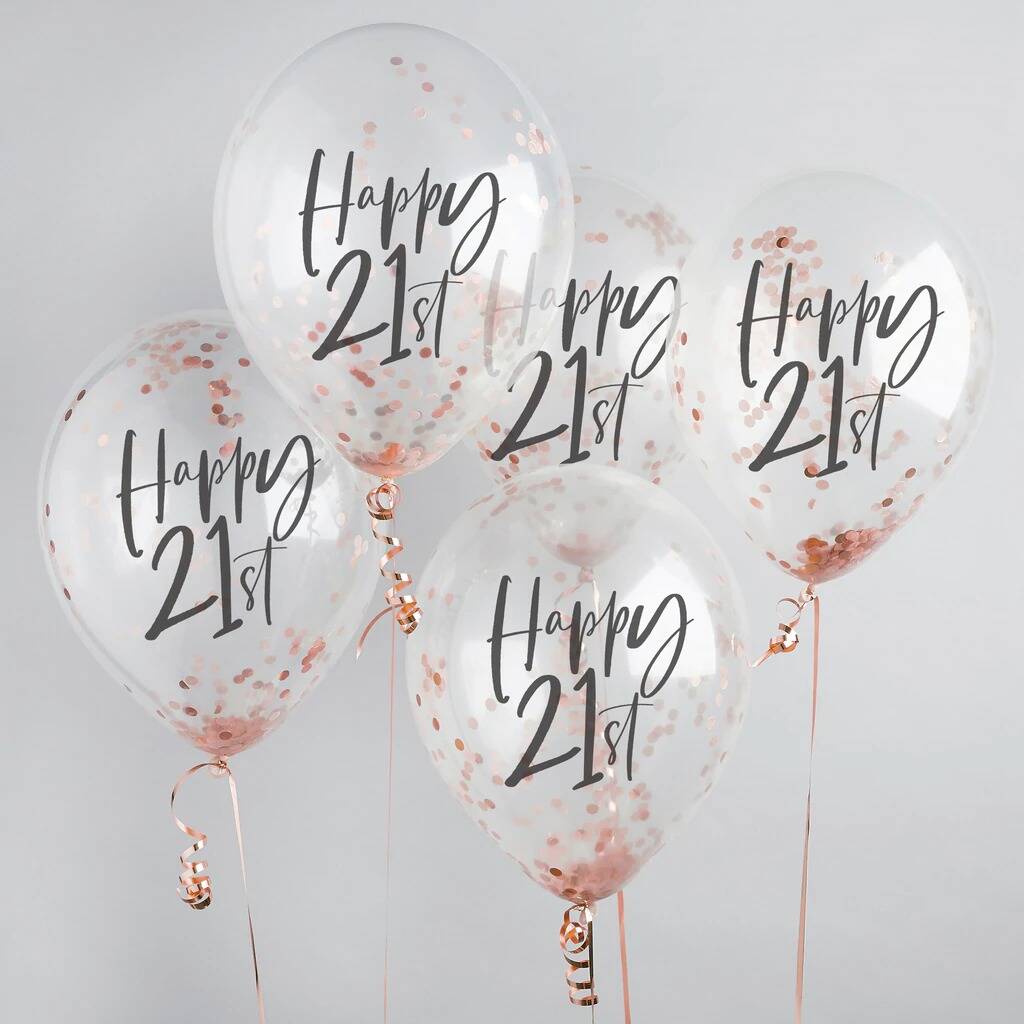 Five Rose Gold 'Happy 21st' Birthday Confetti Balloons, 1 of 2