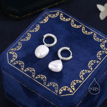 Sterling Silver Baroque Pearl Hammered Hoop Earrings, 2 of 11