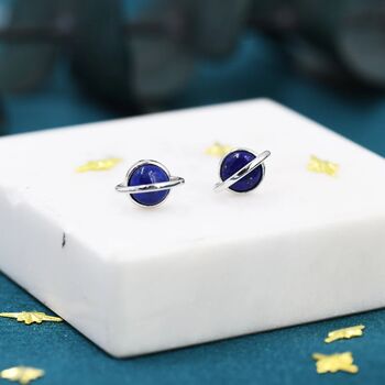 Genuine Blue Lapis Lazuli Planet Stud Earrings, 3 of 11